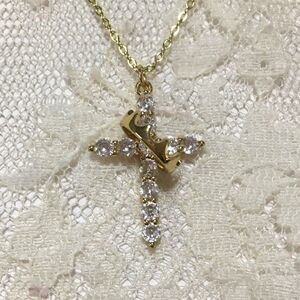 Gold Tone Crowned Cross Pendant Necklace Clear Stones